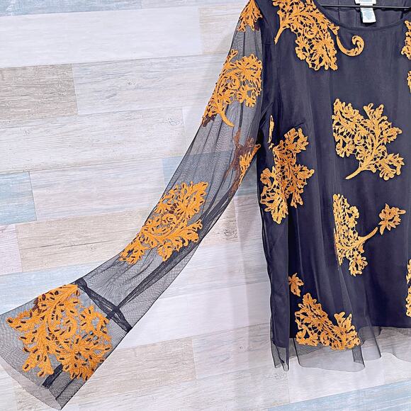 SUNDANCE Sheer Floral Embroidered Top Black Brown Tulle Beaded Boho Womens Large - Picture 4 of 8
